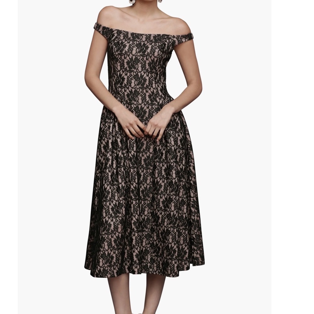 Avec Les Filles Lace Midi Dress Womens 10 New Off Shoulder Floral Black 85569